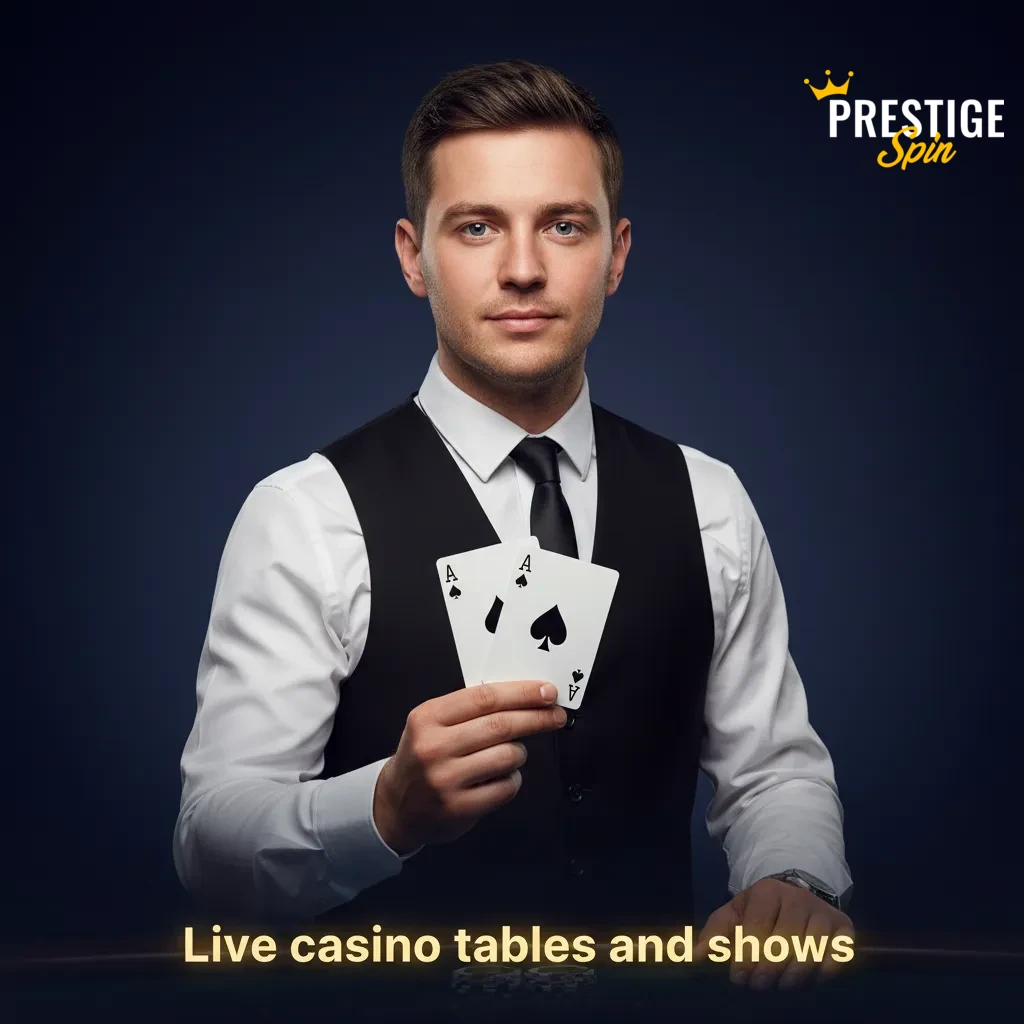 Live casino studio with roulette, blackjack, baccarat, poker, and game show tables streamed with professional hosts.