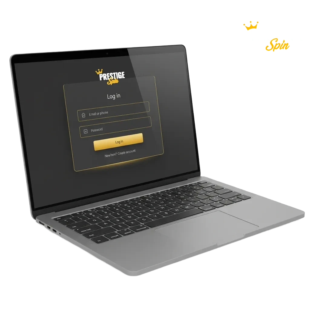 Prestige Spin UK login screen with email/username and password fields, 2FA option, 18+ Great Britain notice.